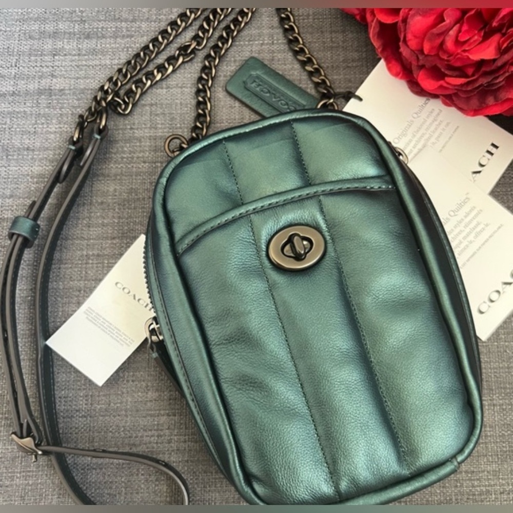 Coach Metallic Green Tall Camera Bag W/ Quilting Hard To Find NWT MSRP: $325.00 - Picture 7 of 16